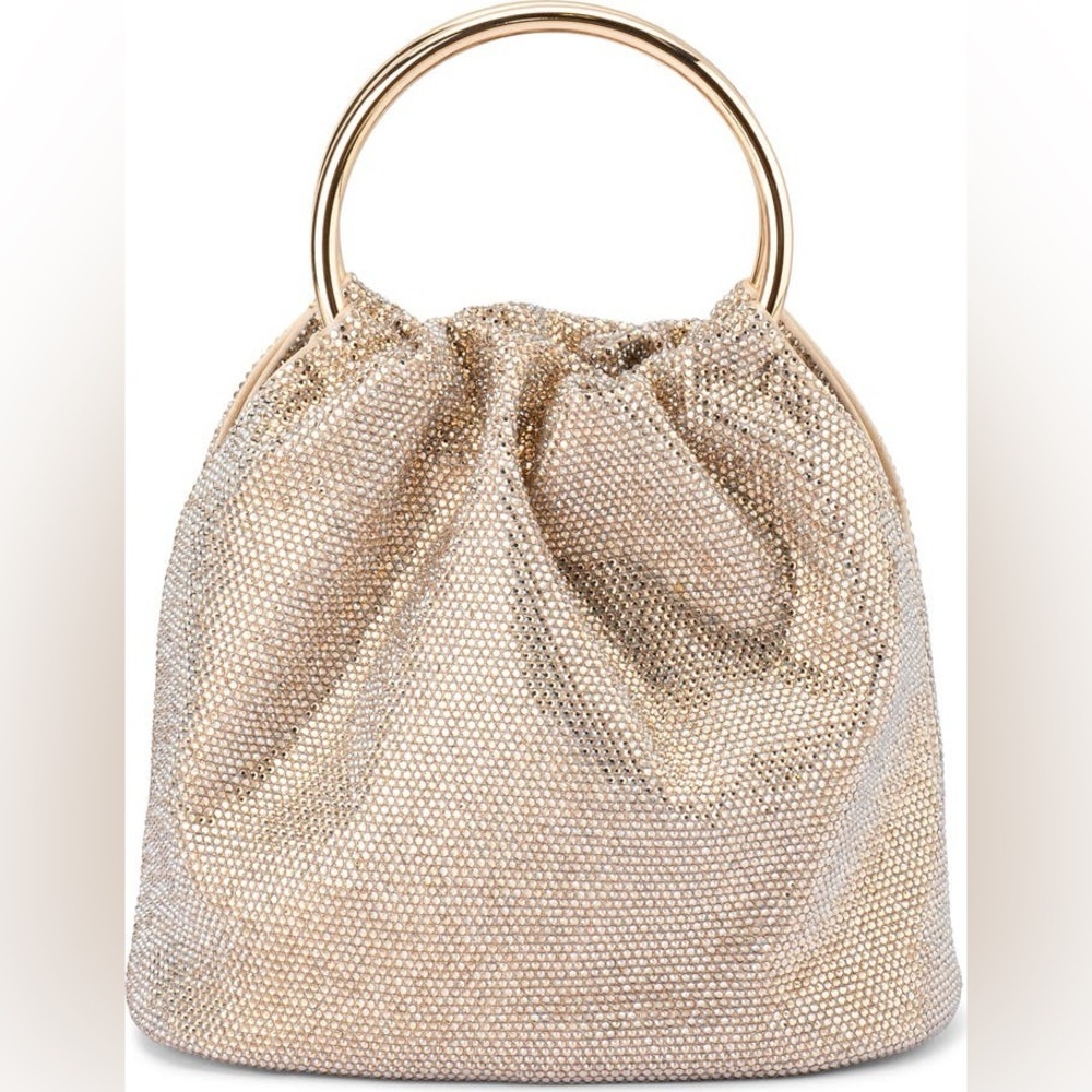Olga Berg Gold Crystal Mesh Circle-Handle Evening Bag